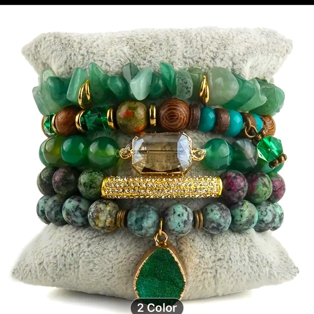 5pcs Boho Beaded Crystal Bracelet Set, Stackable Multi-Layer Handmade Stretch